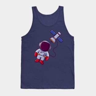 Cute Astronaut Floating with Satellite Cartoon Tank Top